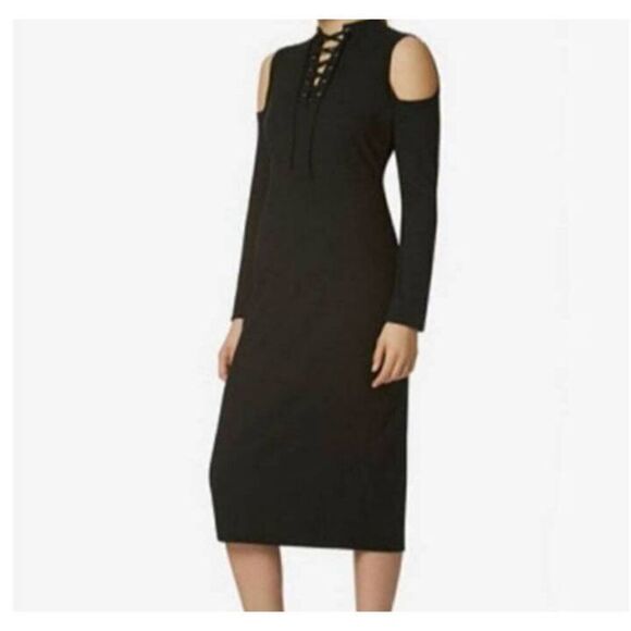 AVEC LES FILLES RIBBED BLACK COLD SHOULDER BODYCON LONG SLEEVE DRESS SZ.M EUC. - Picture 2 of 10